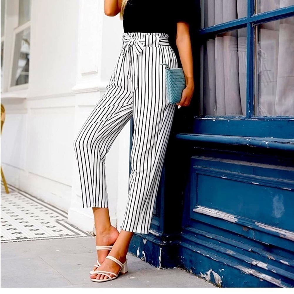 Grace Karin striped paper bag waist pants NWT L